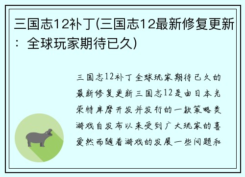 三国志12补丁(三国志12最新修复更新：全球玩家期待已久)